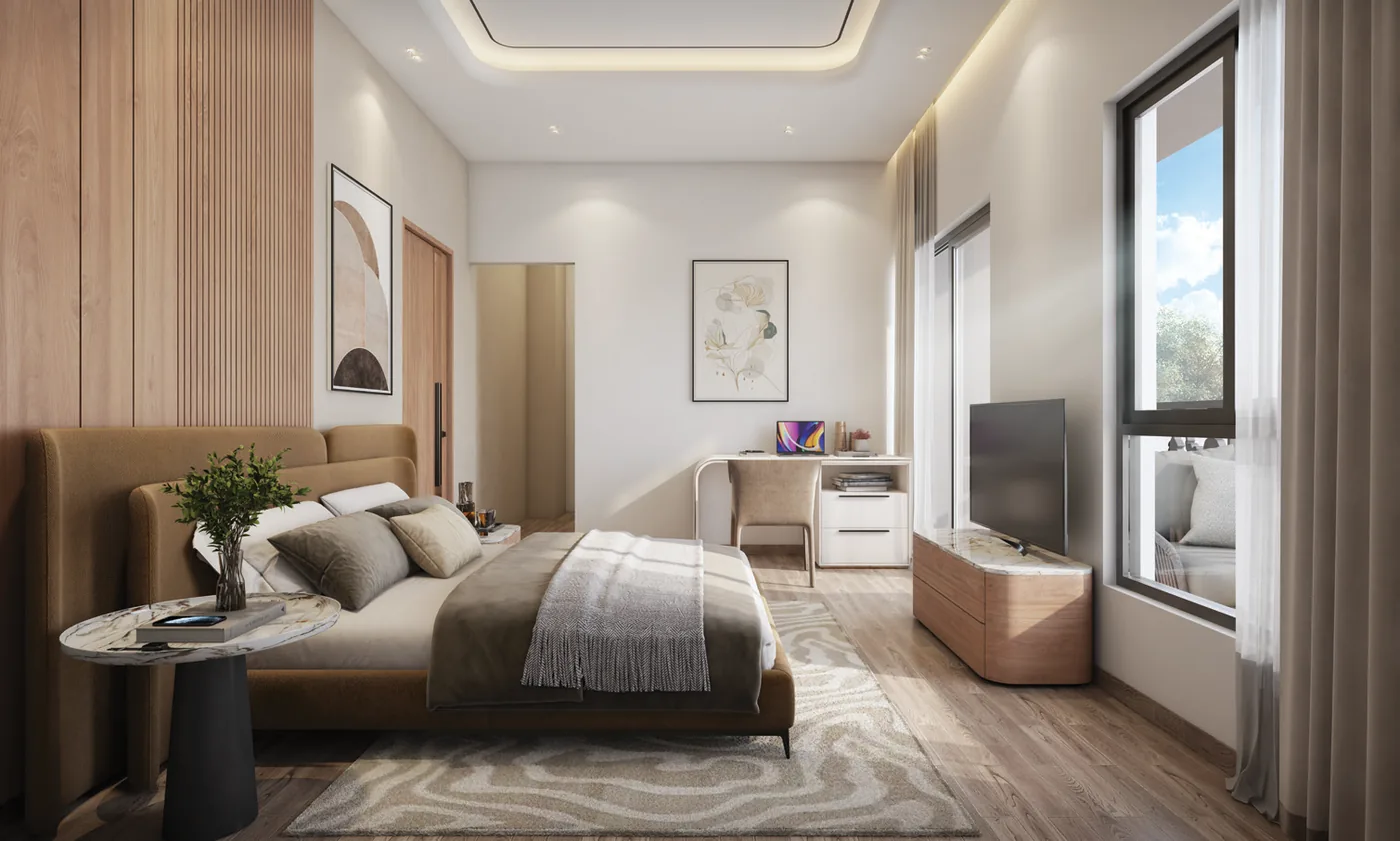 Bedroom with a study nook and large windows, DTC Embassy Villa