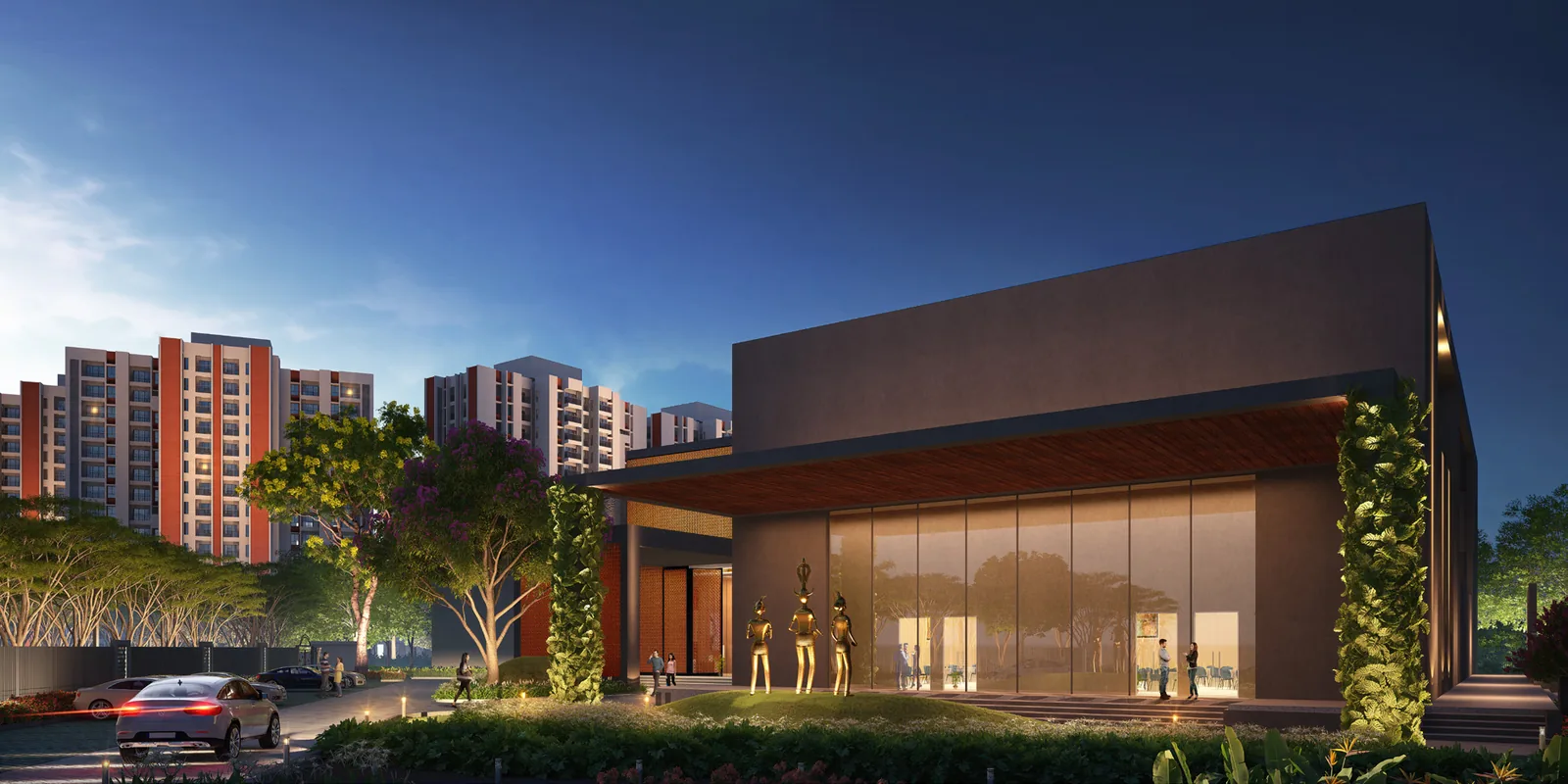 Club Atlas — the community clubhouse building at the entrance to DTC Embassy Villa