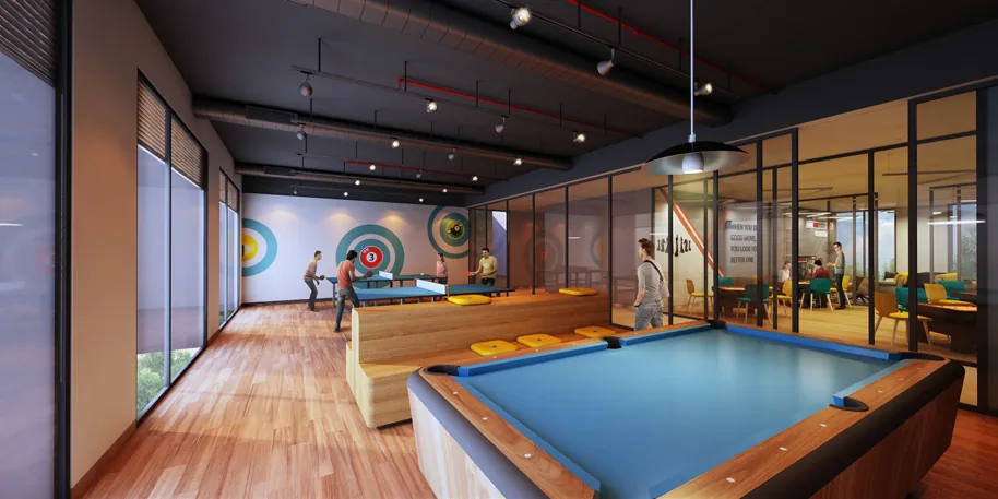Indoor games room at Club Atlas — billiards and indoor games for residents