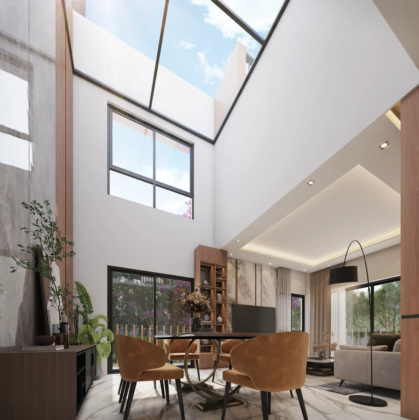Ground floor living and double-height dining area inside a DTC Embassy Villa unit