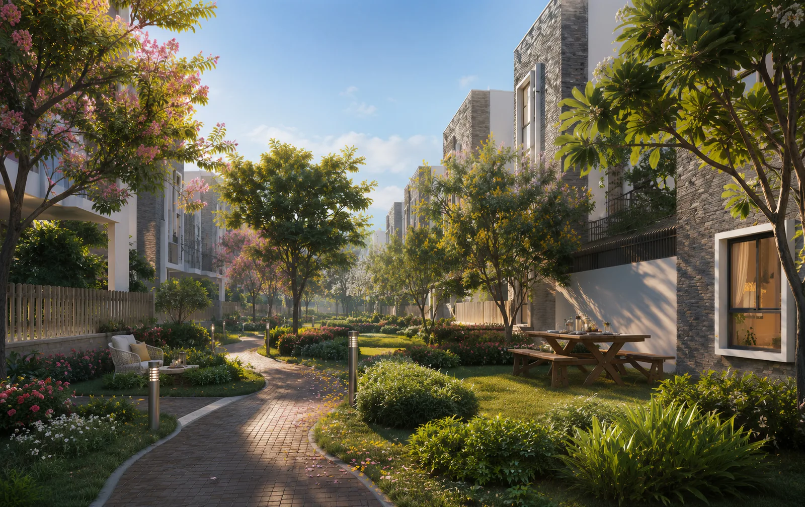 The stretched garden — the landscaped walkway connecting every row of villas