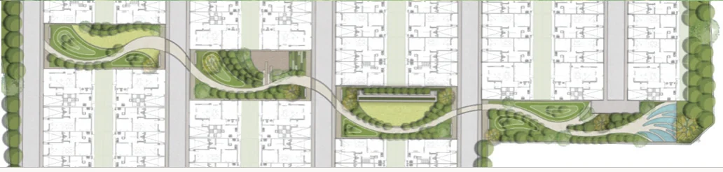 Landscape plan of the stretched garden running between the villa rows at DTC Embassy Villa