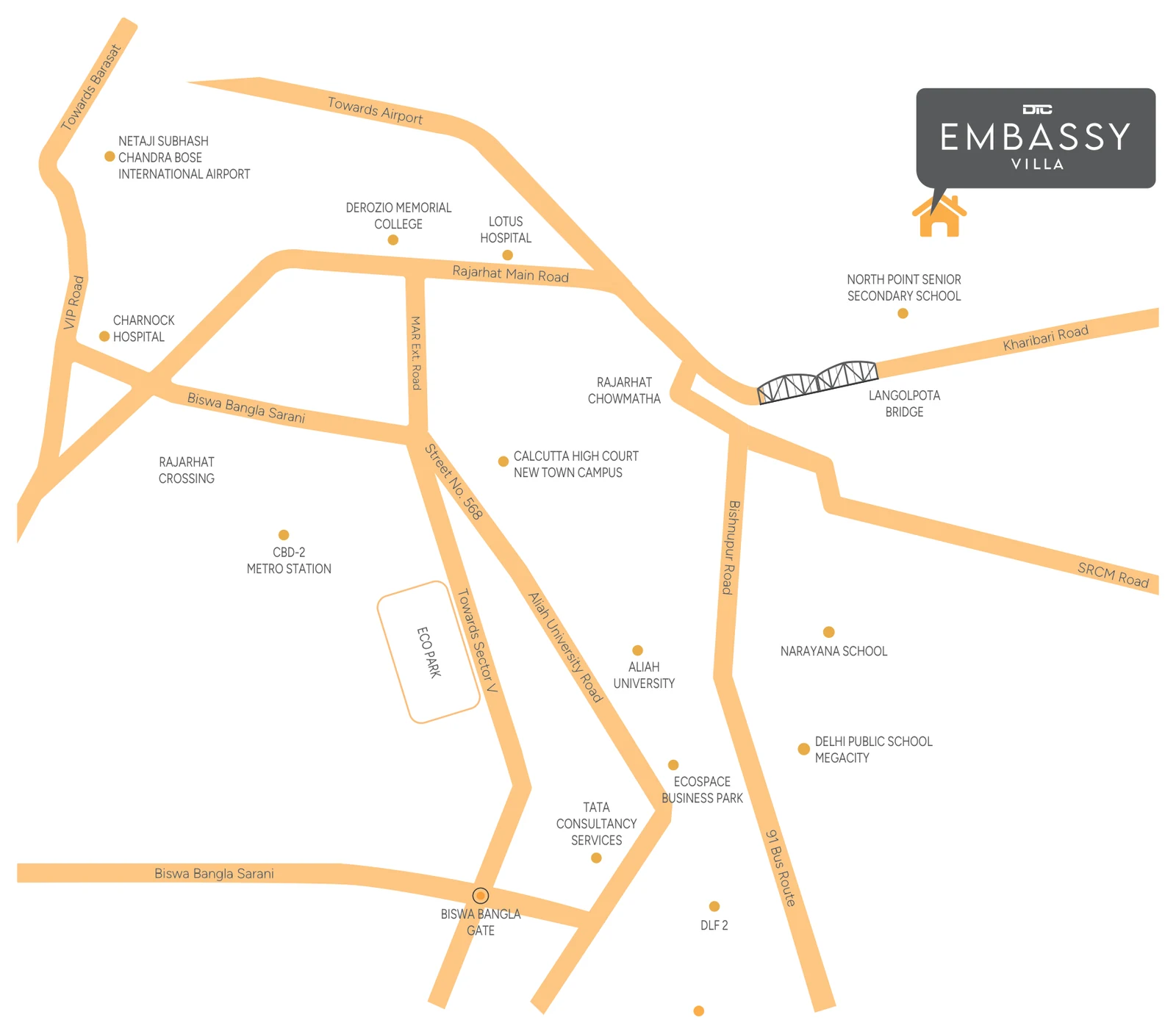 Location map — DTC Embassy Villa's connectivity across Rajarhat and New Town
