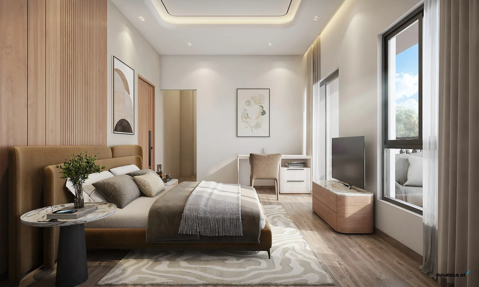 Master bedroom interior, DTC Embassy Villa — vitrified flooring and wood-panel detailing