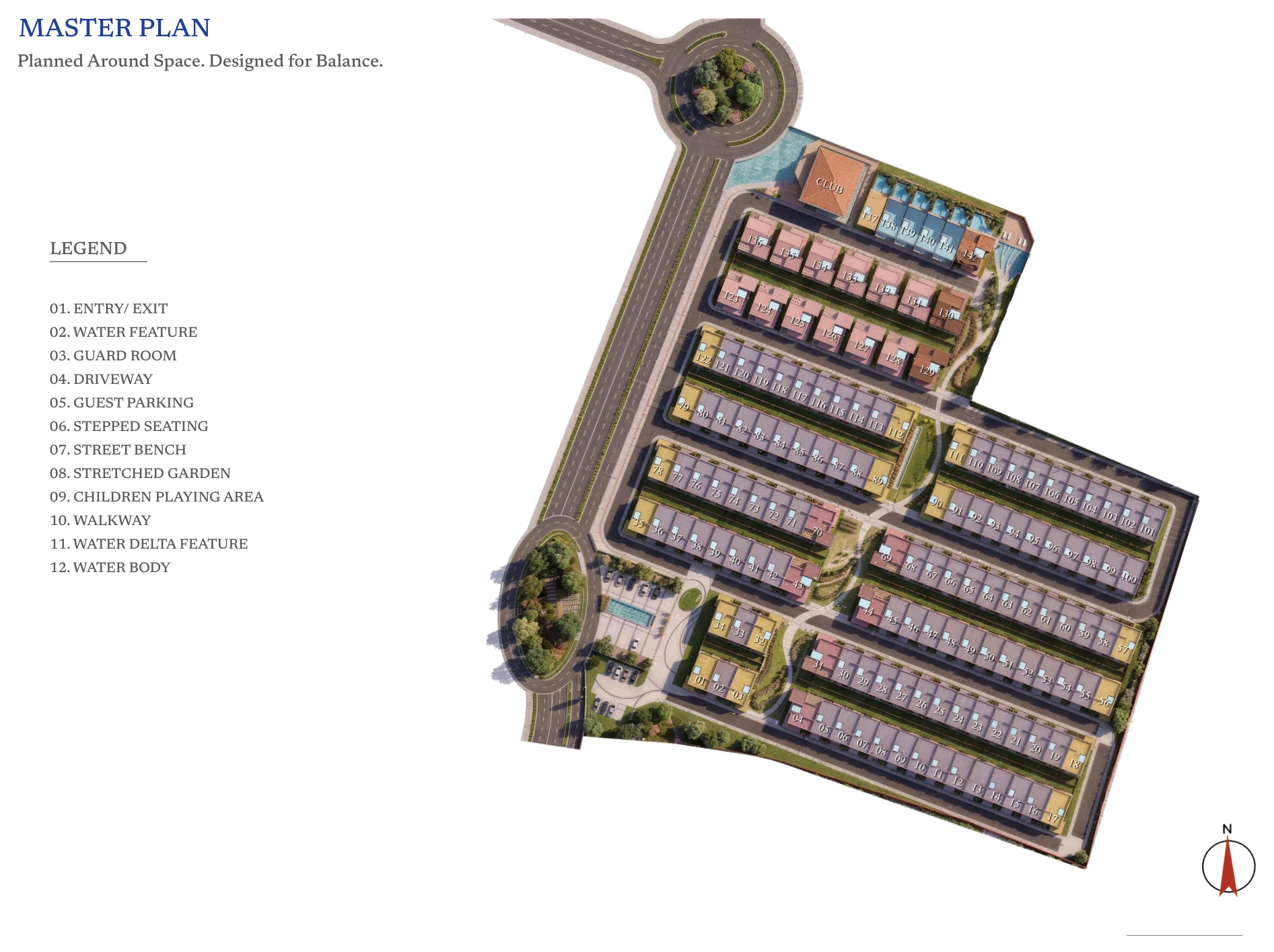 Master plan legend — entry, water features, gardens and walkways at DTC Embassy Villa