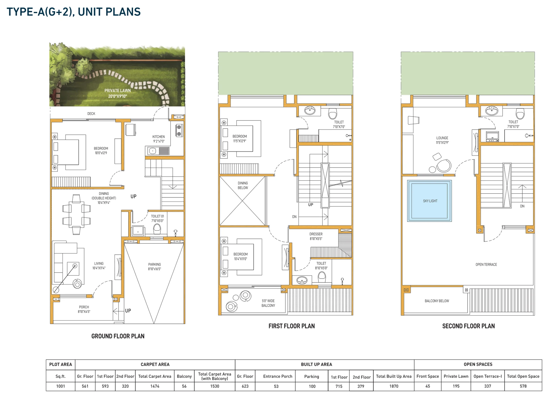 DTC Embassy Villa Type A (G+2) unit plans — ground, first and second floor