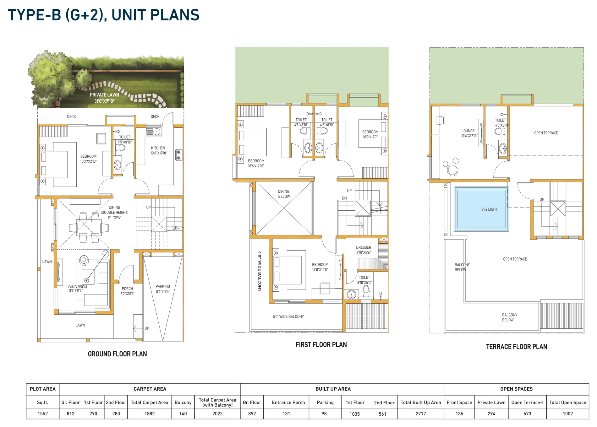 DTC Embassy Villa Type B (G+2) unit plans — ground, first and terrace floor
