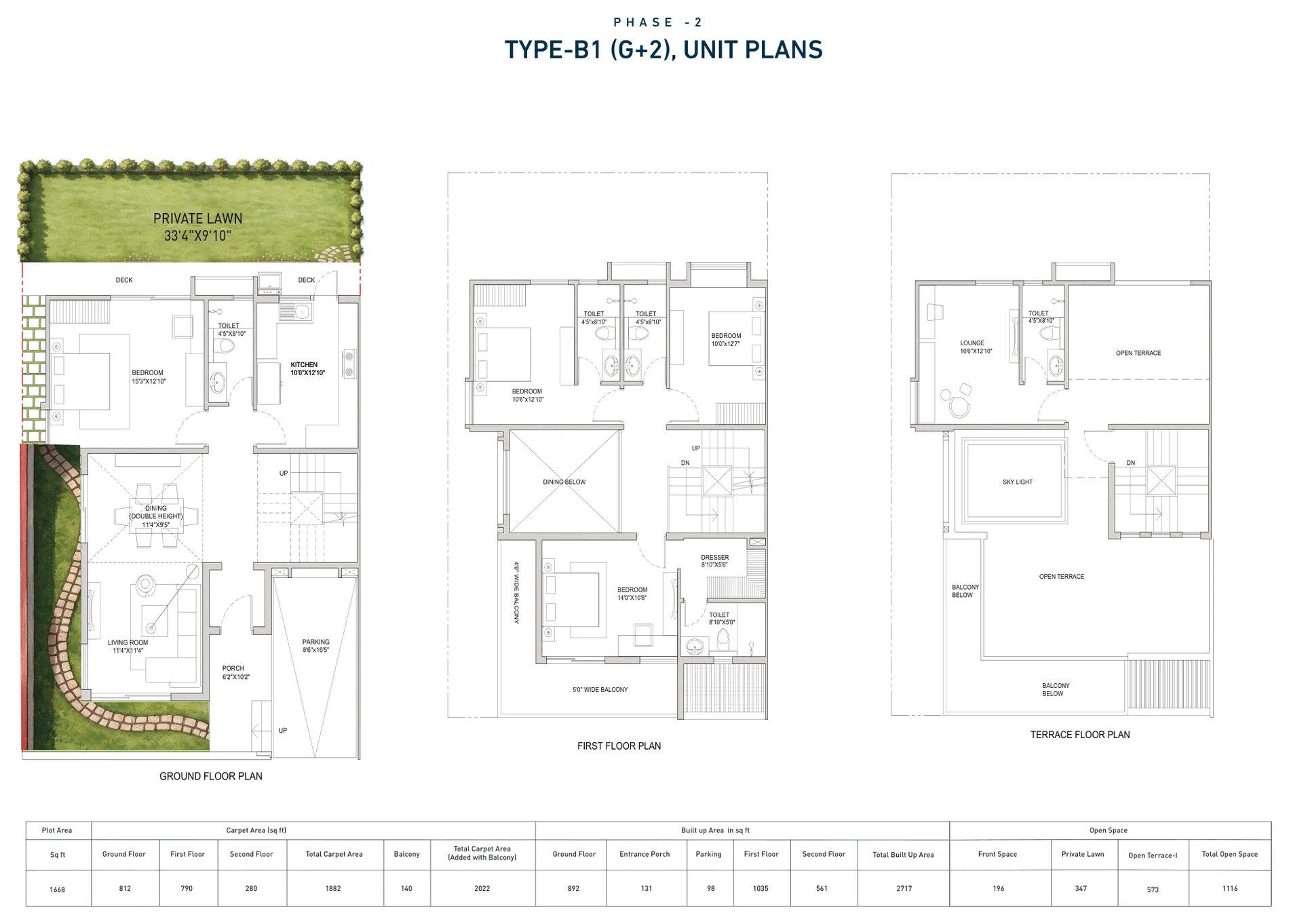 DTC Embassy Villa Type B1 (G+2) unit plans — ground, first and terrace floor