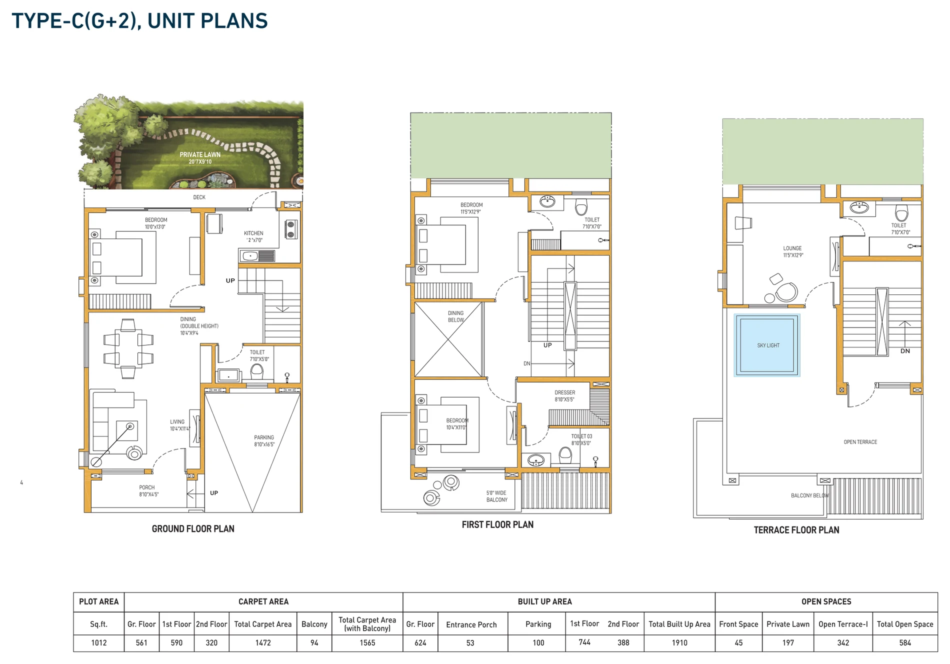 DTC Embassy Villa Type C (G+2) unit plans — ground, first and terrace floor