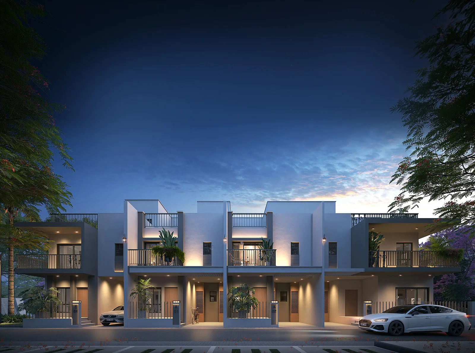 DTC Embassy Villa — the community's row-villa facade at dusk, Rajarhat Main Road