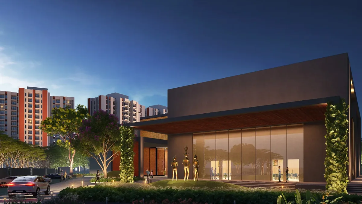 Club Atlas — the community clubhouse building at the entrance to DTC Embassy Villa