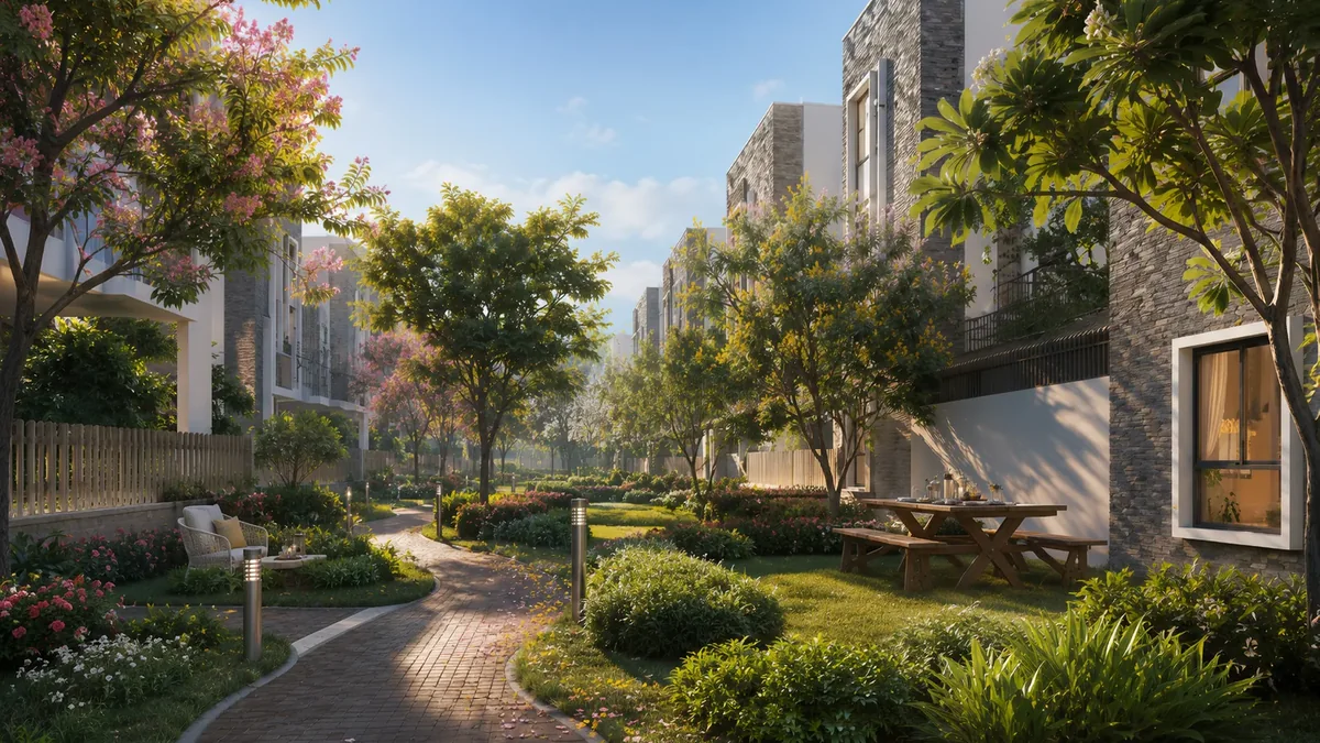 The stretched garden — the landscaped walkway connecting every row of villas